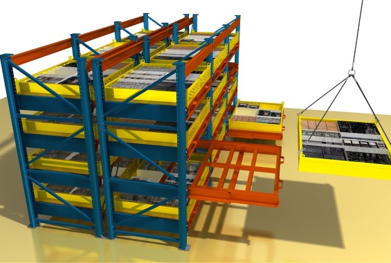 Стеллаж с выкатными платформами и лотками